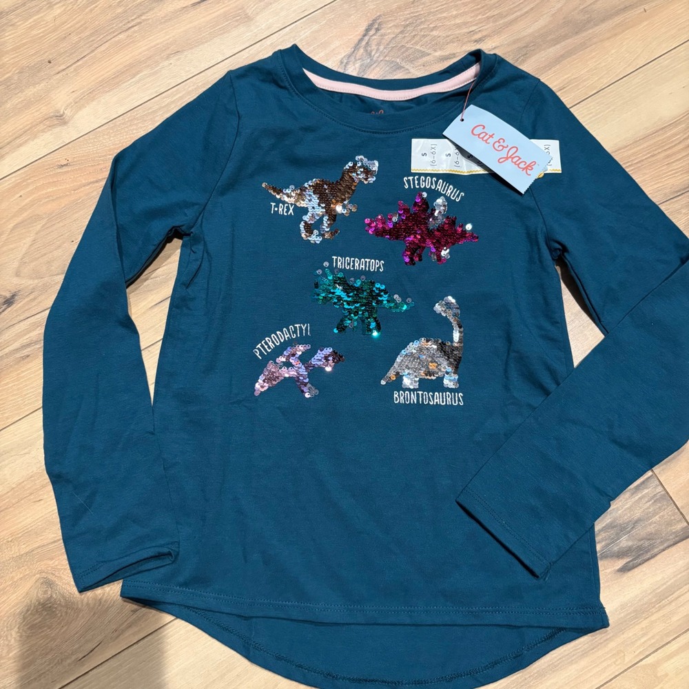 Cat and Jack Kids Long Sleeve Dinosaur Sequin Shirt Teal Size 6 6X